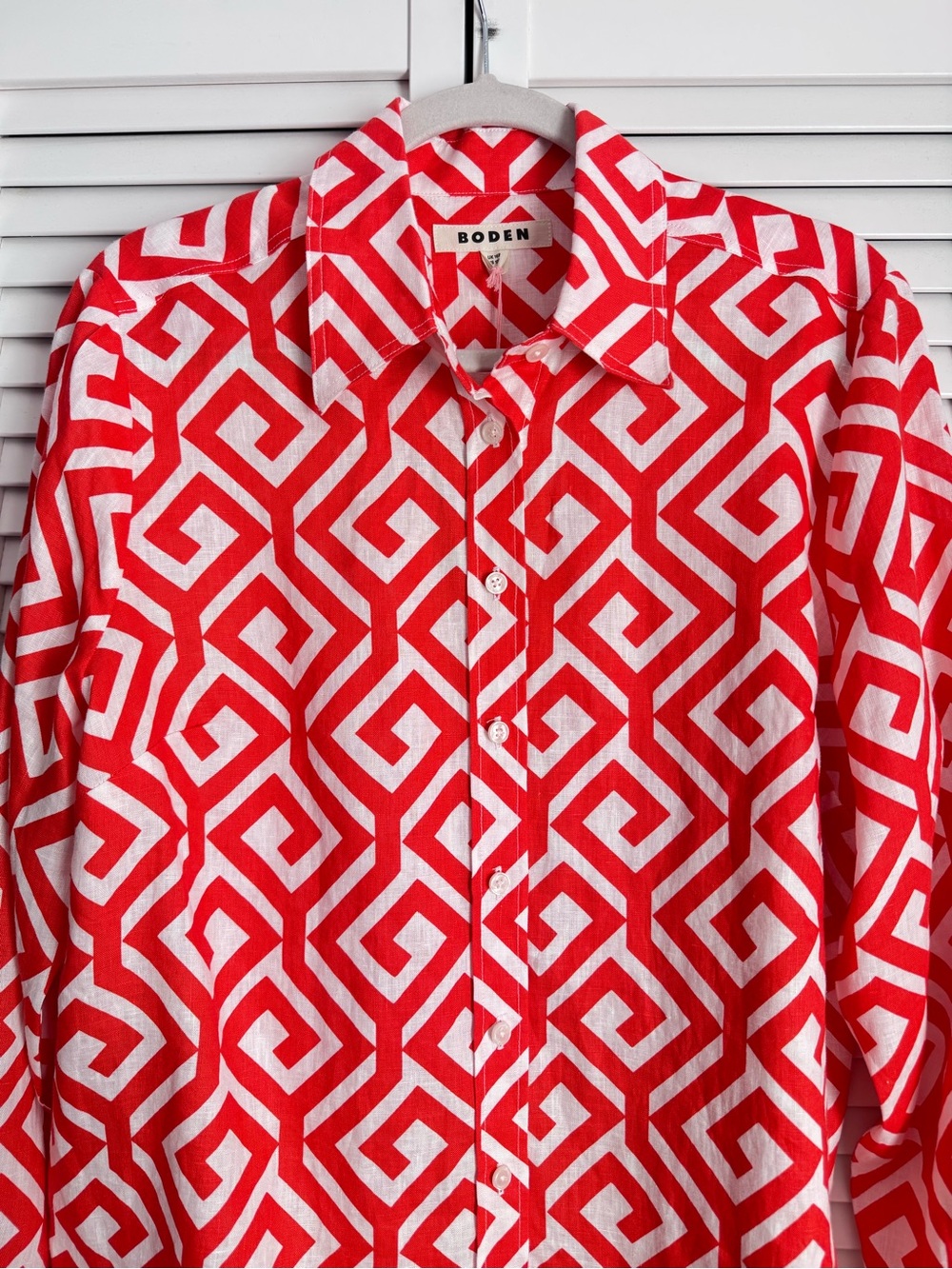 Boden Linen Red Hampstead Button Down Long Sleeve Shirt Geometric Maze 12 NWT - Picture 3 of 8